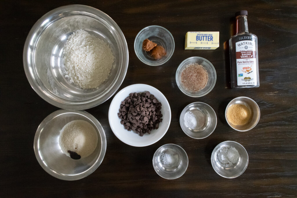 Chocolate chip cookie ingredients, overhead shot
